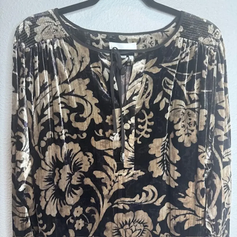 Anthropologie Faustine Velvet Floral Peasant Blouse L Boho Smocked Top